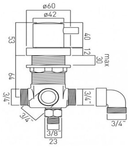 ELE-DIVERTER-D-CP Vado Elements Concealed 2 Way Diverter Deck Mounted Technical Drawing