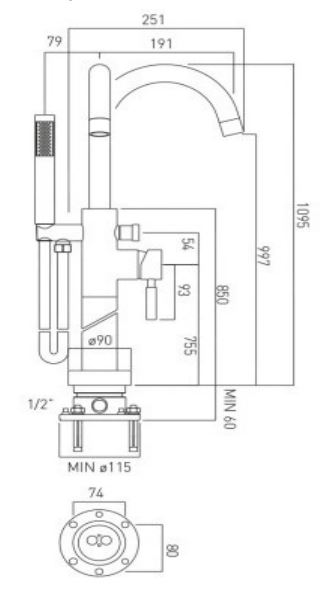 ORI-133-CP Vado Origins Bath Shower Mixer With Shower Kit Single Lever Floor Mounted With Swivel Spout Technical Drawing