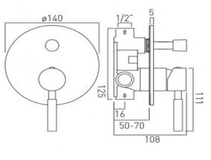 ORI-147A-CP Vado Origins Concealed Single Lever Wall Mounted Manual Shower Valve With Diverter Technical Drawing