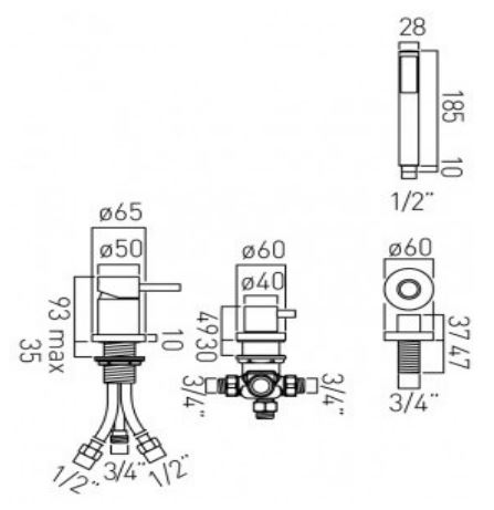 ZOO-132-NS-CP Vado Zoo 3 Hole Bath Shower Mixer Single Lever Deck Mounted Without Spout For Use With Bath Filler Waste And Overflow Technical Drawing